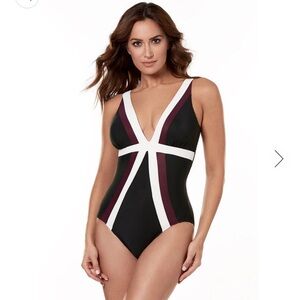 MIRACLESUIT SPECTRA COLOR BLOCK TRILOGY V-NECK ONE PIECE SWIMSUIT